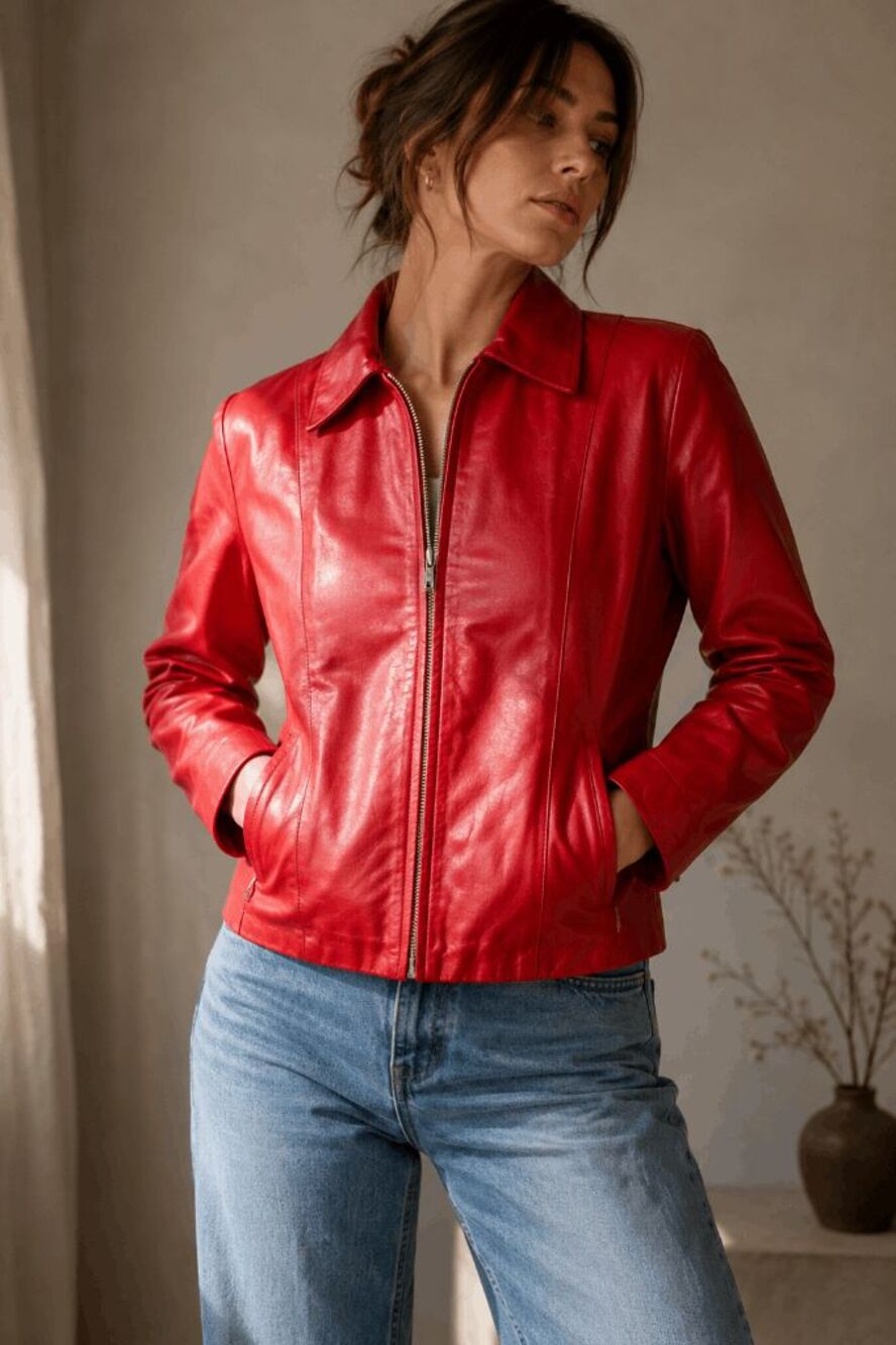 VTG Italian Red Leather Jacket M Firenze Minimalist Moto YKK